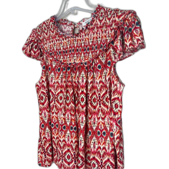 Rose & Olive Smocked Cap Sleeve Keyhole Back Western Print Boho Blouse SZ L - Picture 1 of 13